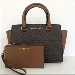 2pc Michael Kors Selma satchel double zip wallet
